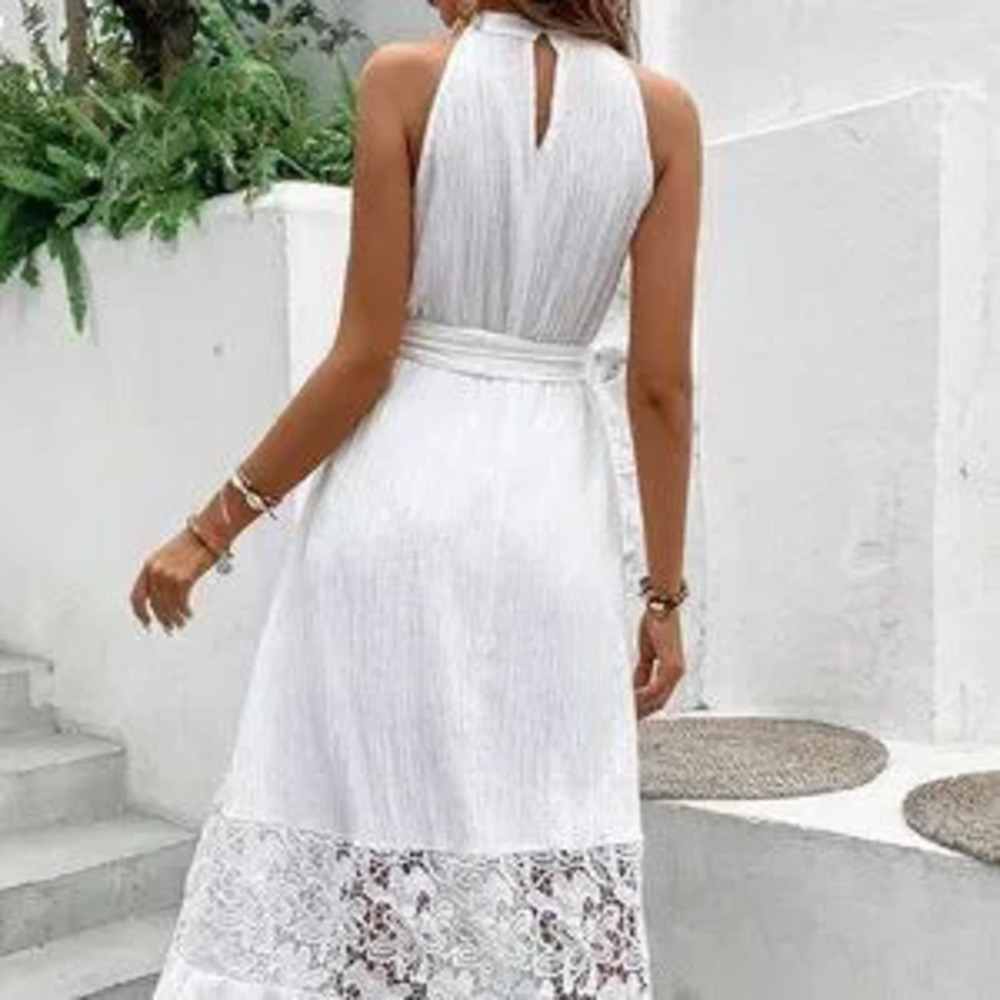 ZARA White Boho Womens Contrast Guipure Lace Layered Hem Belted Halter Dress